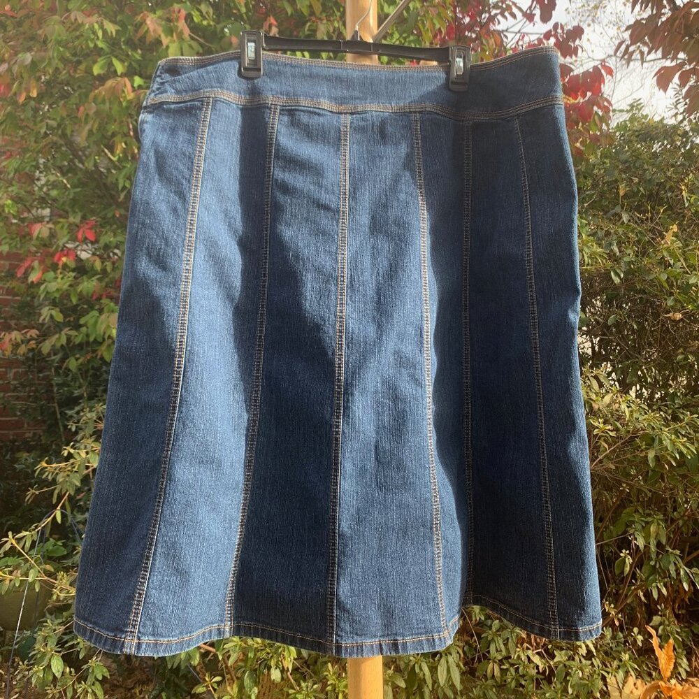 Vintage Venezia A-line Midi Denim Skirt featuring multiple vertical seams.